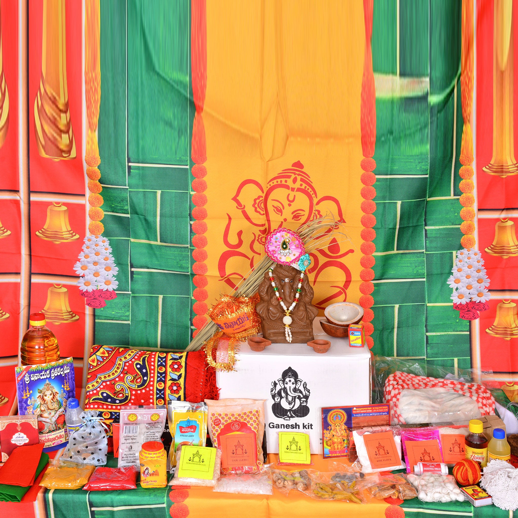 🌸 Ganesh Idol Pooja Kit (45+ Essential Items) Deliver in Hyderabad within 4 hours - Moksha Mandir