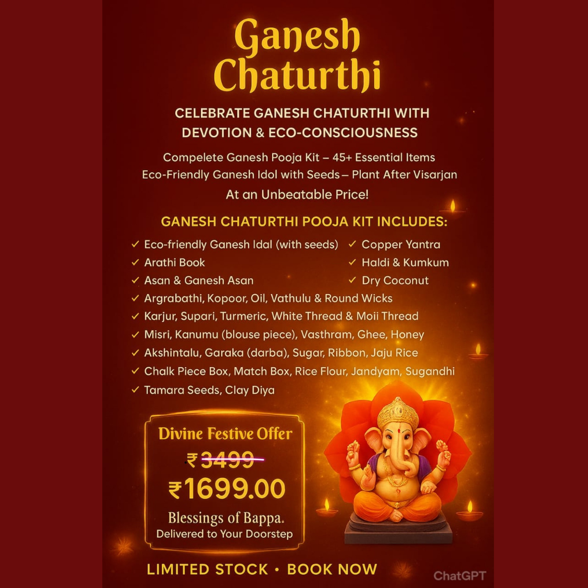 🌸 Ganesh Idol Pooja Kit (45+ Essential Items) Deliver in Hyderabad within 4 hours